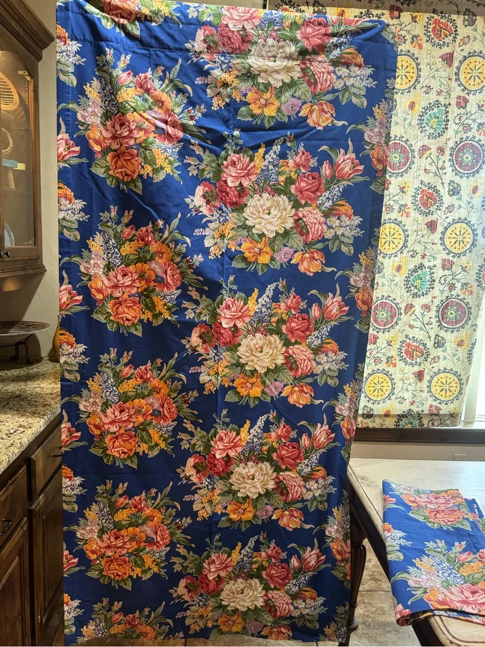 Ralph Lauren 86” Melissa Blue Rod Pocket Drapes (4)Tie backs (4) Valance (1)